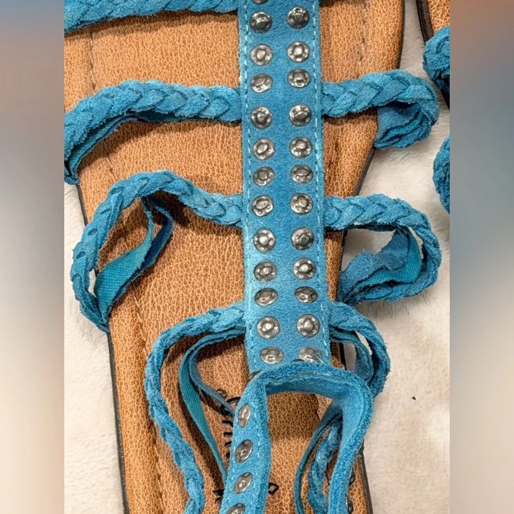 Minnetonka boho festival suede gladiator studded hippie chic sandal in turquoise